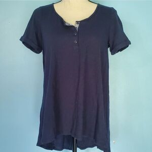 Anthropologie Postmark Navy Blue Cuffed Short Sleeve High Low Shirt